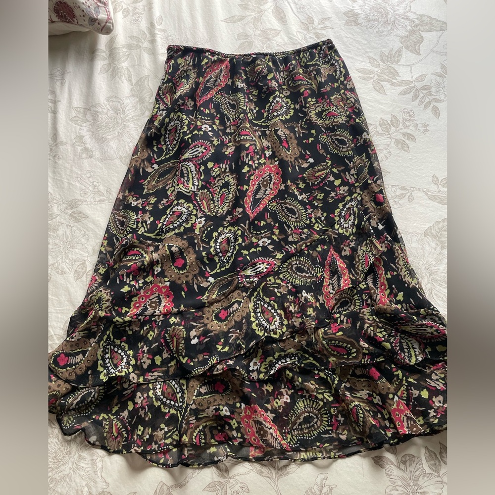 Vintage Black Paisley Ruffle Midi Maxi Slip‎ Skirt Large Whimsigoth Fairy Grunge